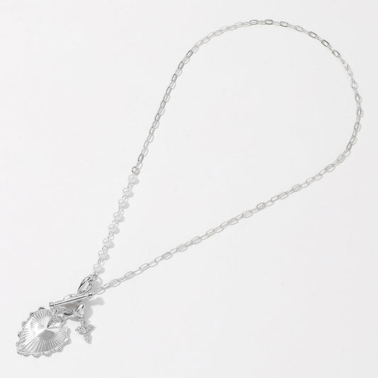SECRET BOX_Sterling Silver Dipped Heart Stone Paved Cross Charm Half Pearl Chain Toggle Necklace