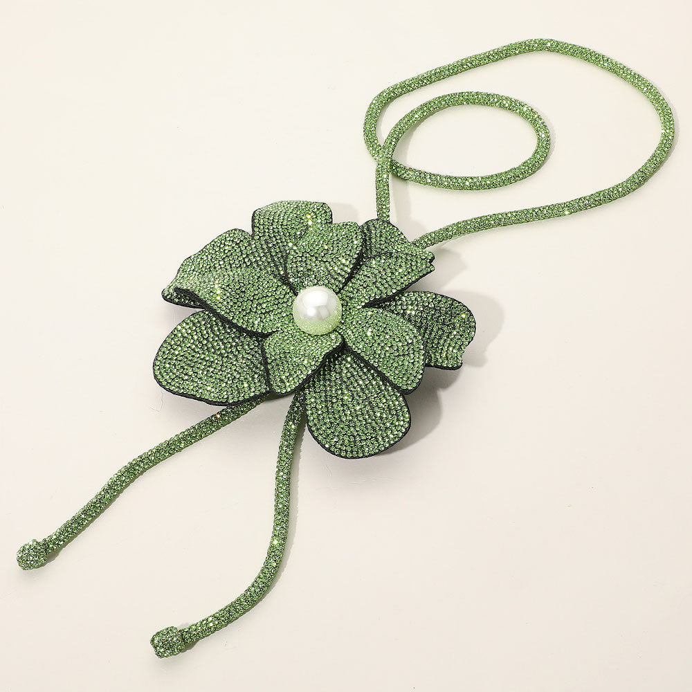 Pearl Centered Bling Studded Flower Pointed Bolo Tie Necklace