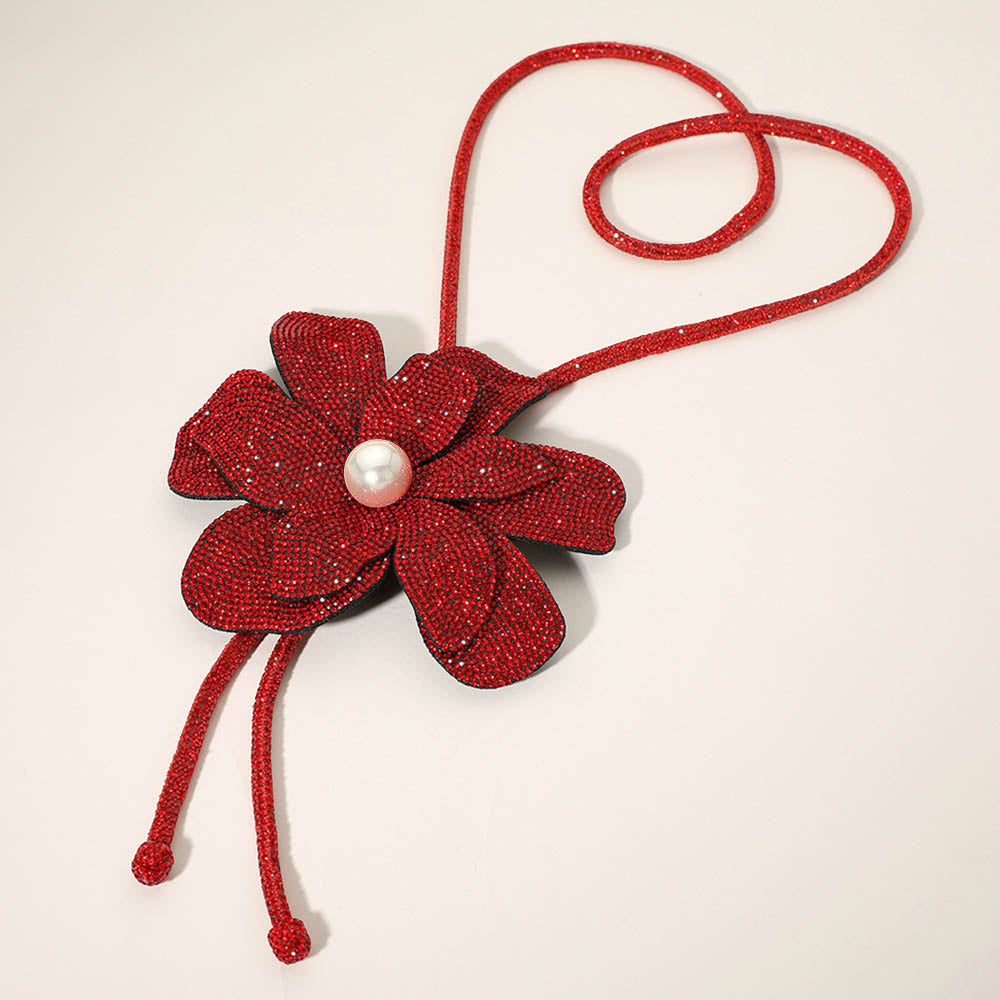 Pearl Centered Bling Studded Flower Pointed Bolo Tie Necklace