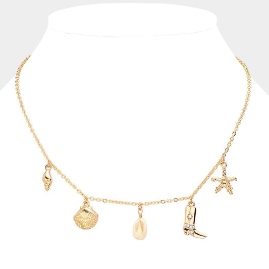 Shell Western Boots Starfish Charm Station Necklace