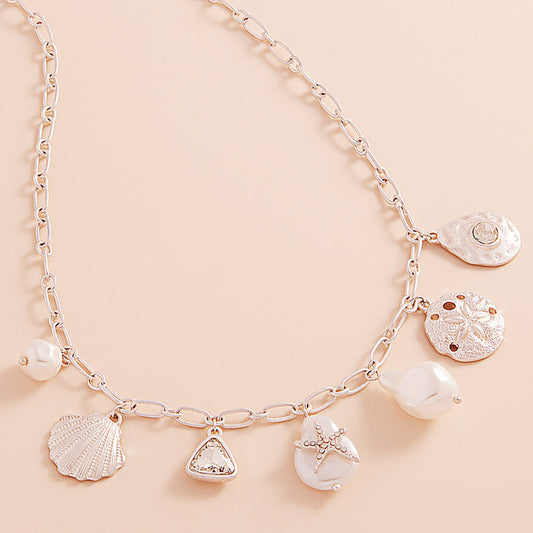 Metal Seashell Sand Dollar Pearl Starfish Charm Station Necklace