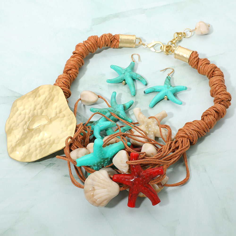 Bold Ceramic Starfish Seashell Charm Wax Cord Beaded Statement Necklace