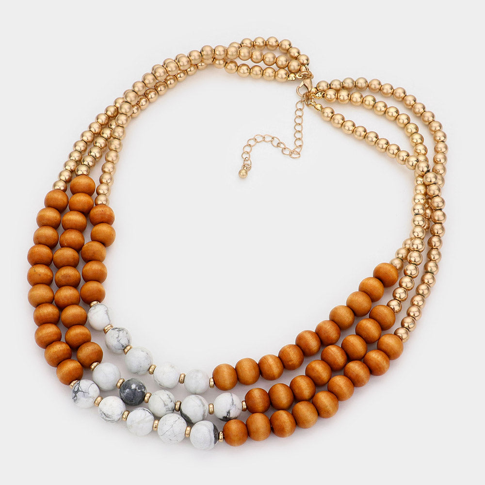 Wood Beaded Triple Layered Necklace