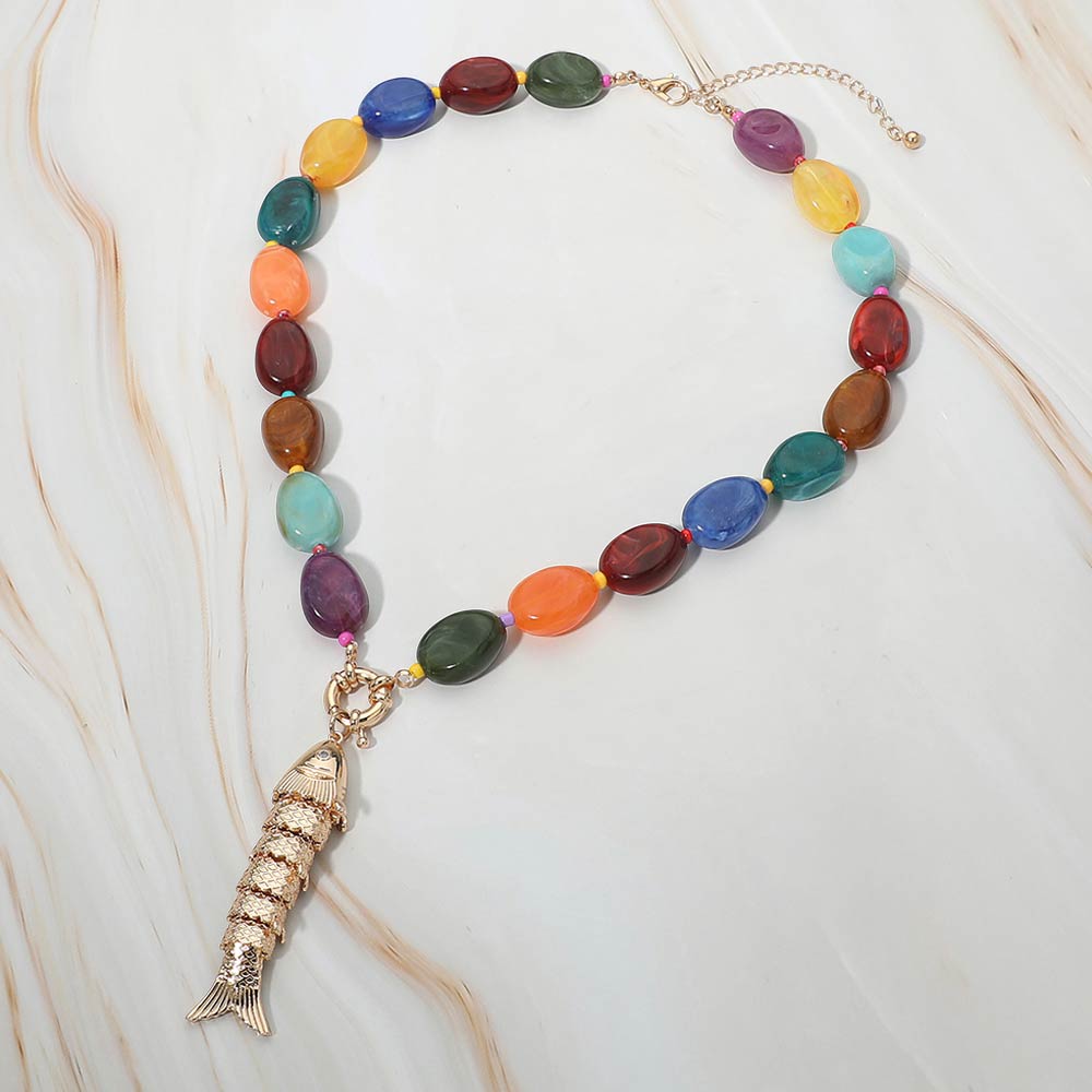 Fish Toggle Charm Pendant Marbled Resin Pebble Beaded Necklace