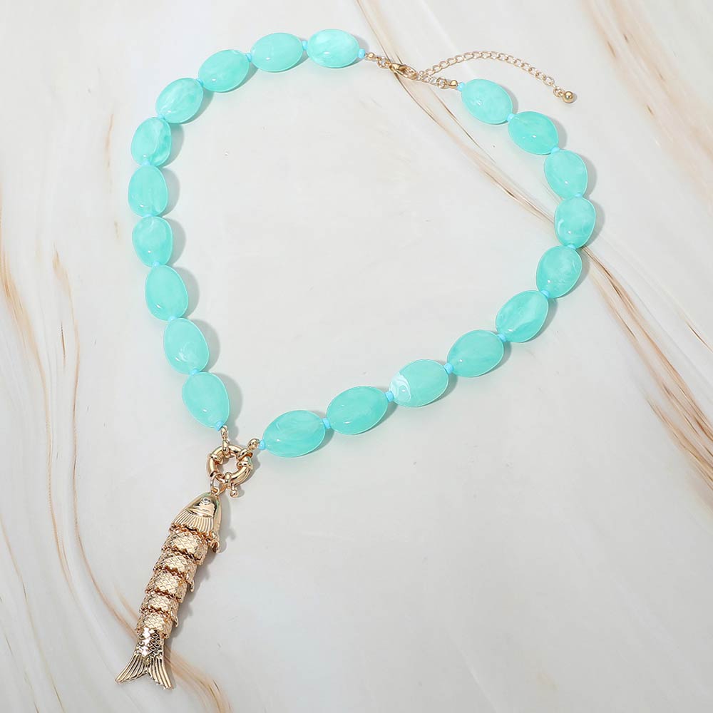 Fish Toggle Charm Pendant Marbled Resin Pebble Beaded Necklace