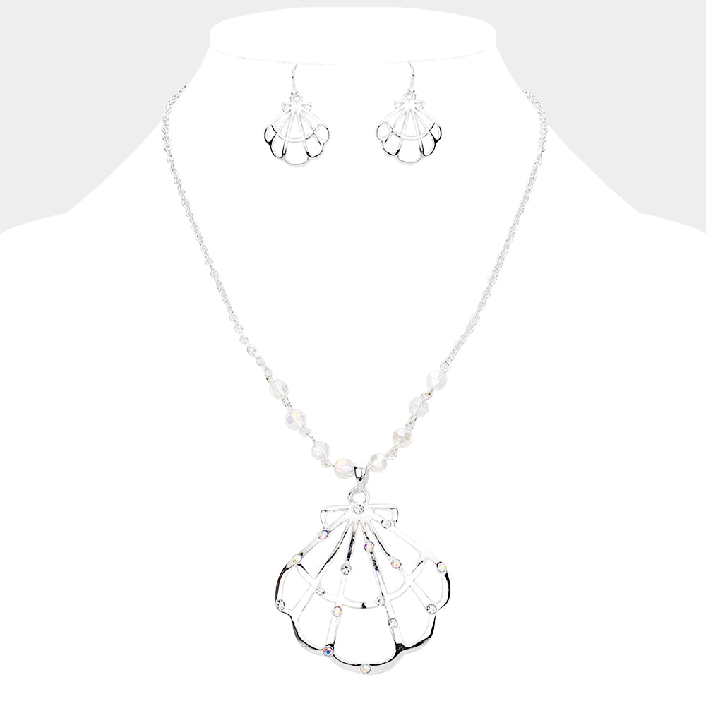 Stone Embellished Cut Out Metal Shell Pendant Necklace