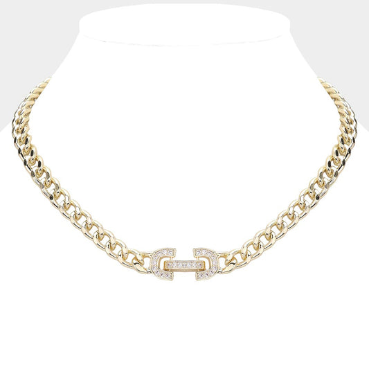 14K Gold Plated CZ Stone Paved Lock Pointed Chain Necklace