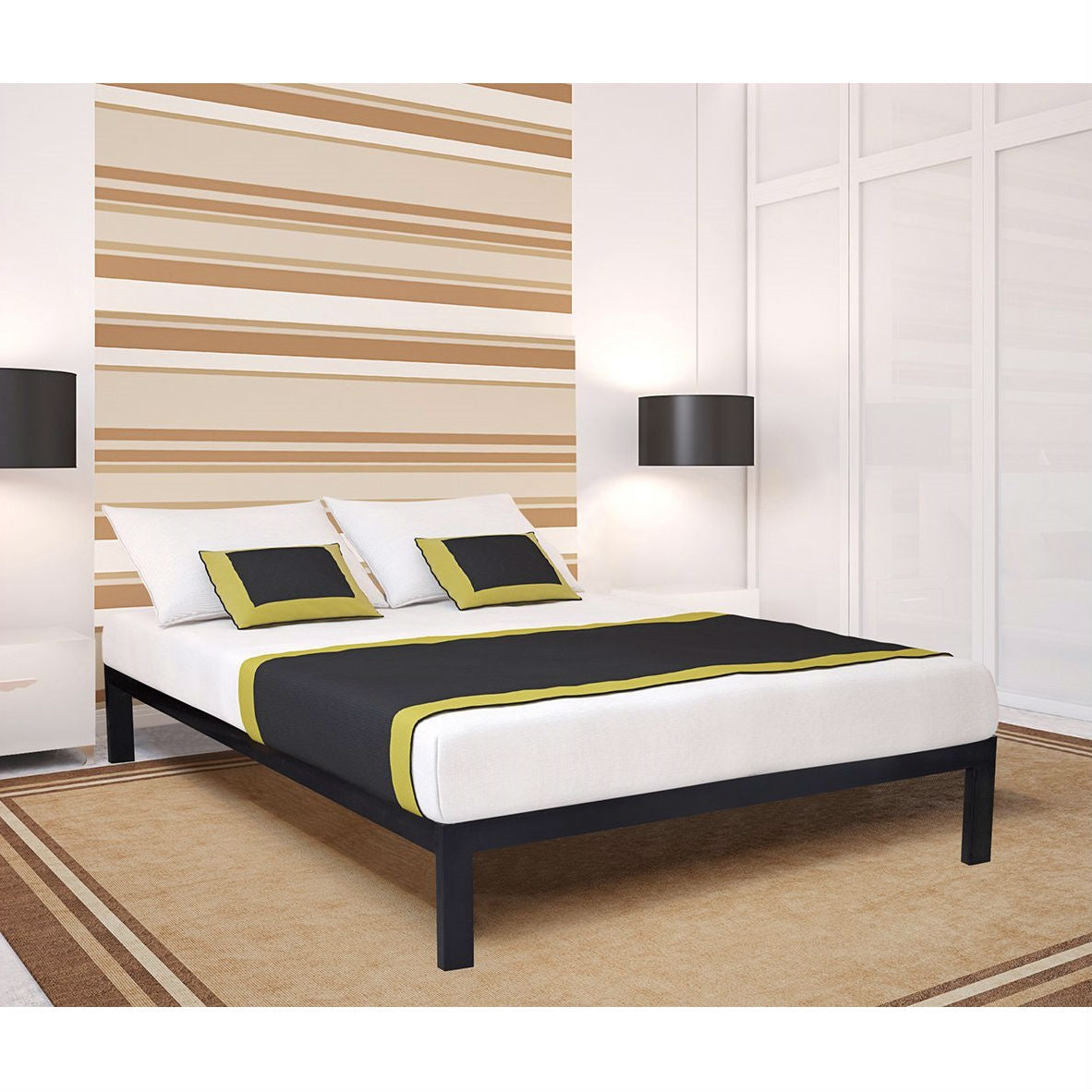 Full size Simple Black Metal Bed Frame Platform with Wooden Slats-1