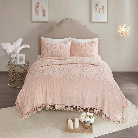 Full/Queen 100-Percent Cotton Chenille Bedspread with Fringe Hem in Pink Blush-0