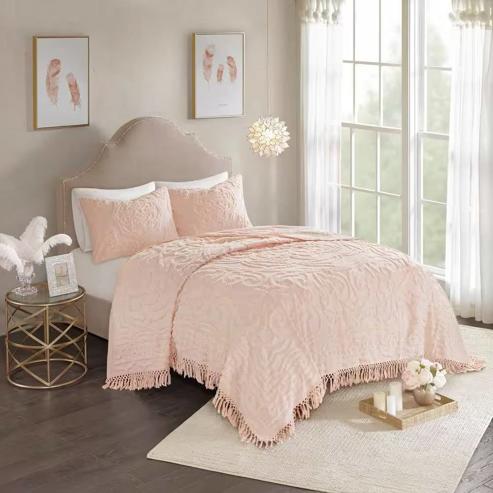 Full/Queen 100-Percent Cotton Chenille Bedspread with Fringe Hem in Pink Blush-2