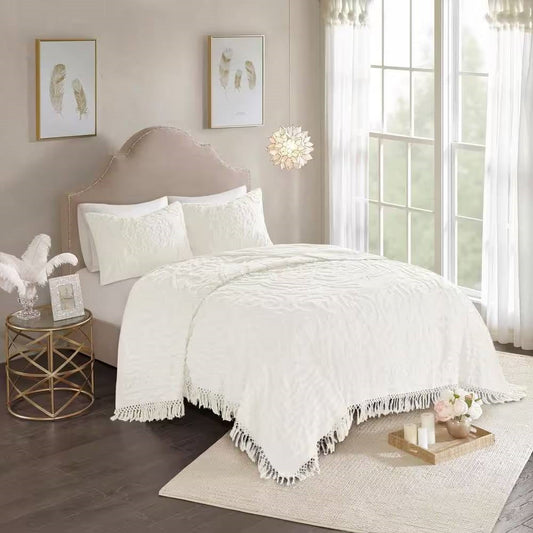 Full/Queen 100-Percent Cotton Chenille Bedspread with Fringe Hem in Off-White-0