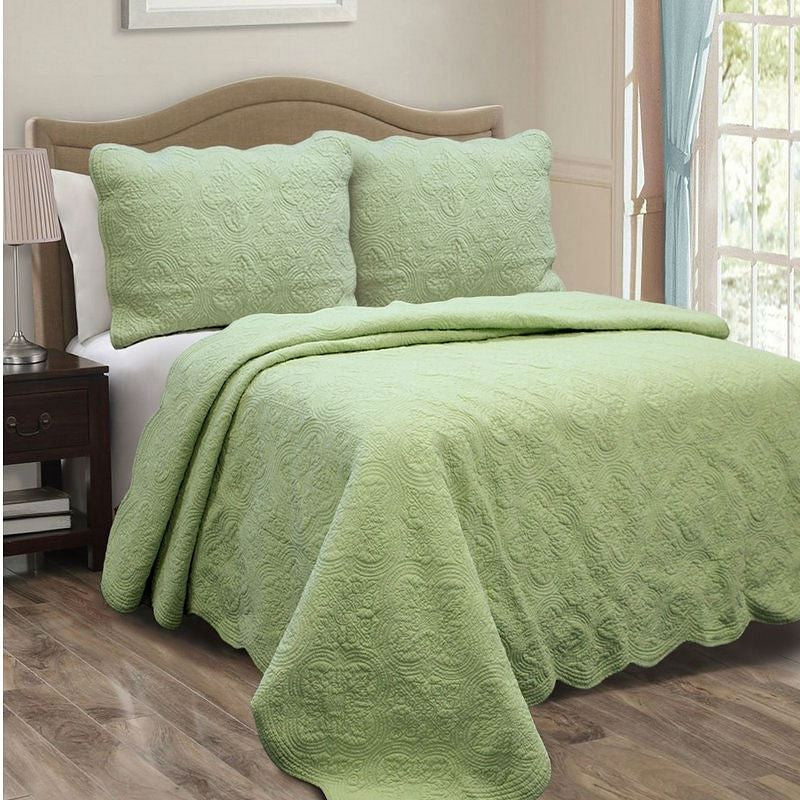 Full Queen Green Cotton Quilt Bedspread with Scalloped Borders-0