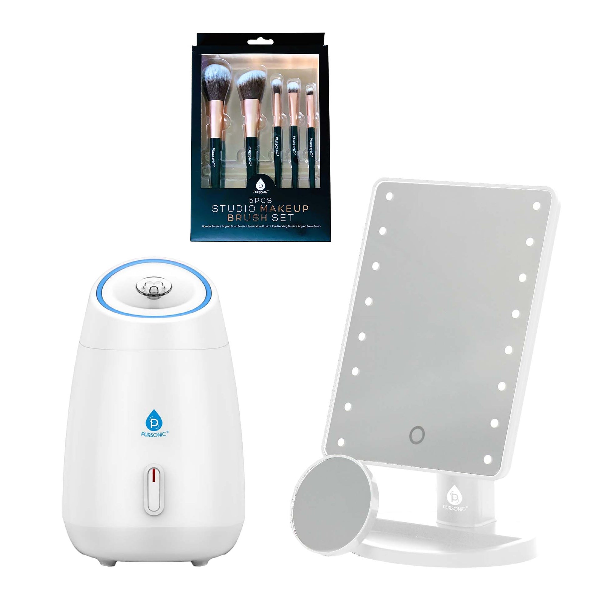 Pursonic Glow & Go Beauty Bundle with LED Vanity Mirror, Facial Steamer & 5-Piece Brush Set-0