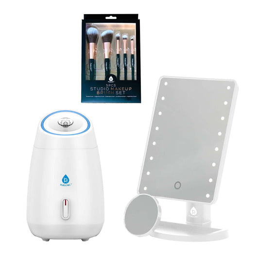 Pursonic Glow & Go Beauty Bundle with LED Vanity Mirror, Facial Steamer & 5-Piece Brush Set-0