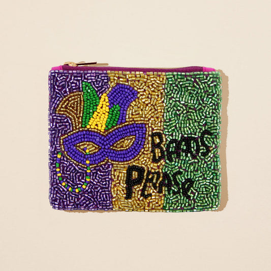 Beads Please Message Mardi Gras Mask Seed Beaded Mini Pouch Bag