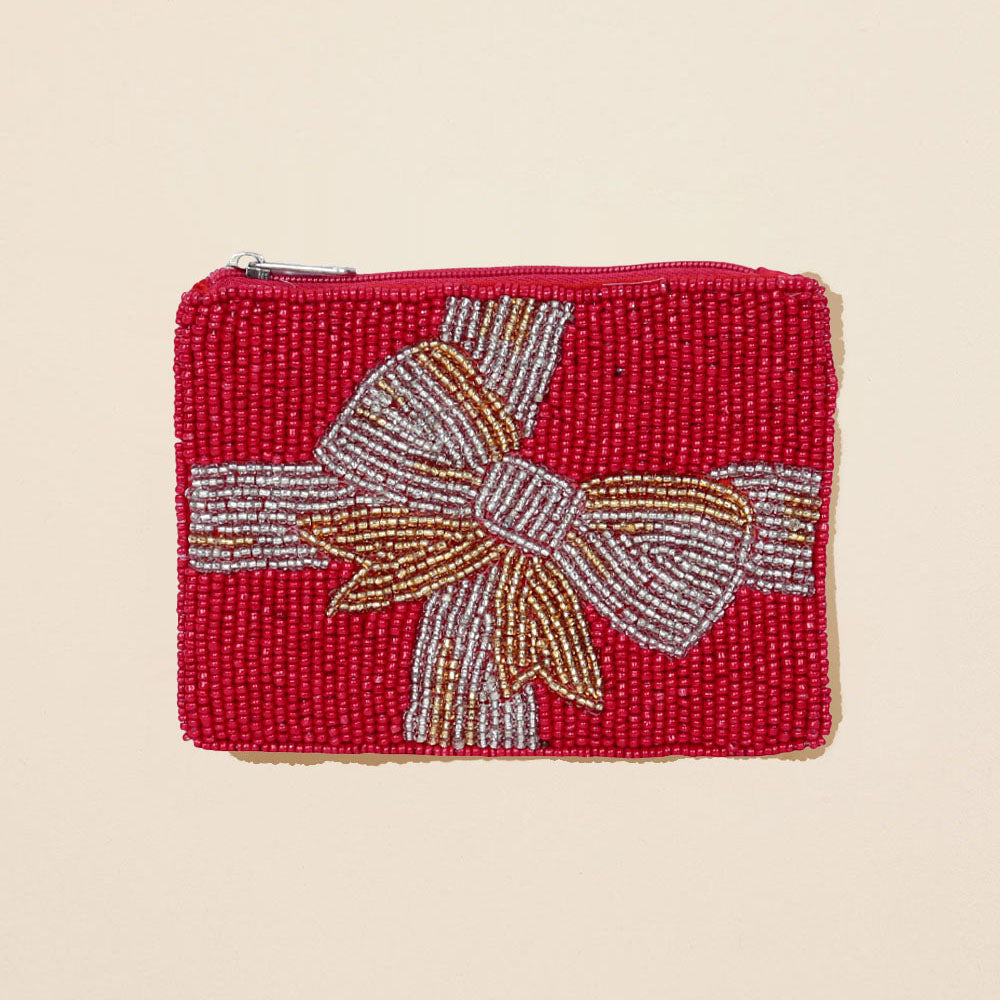 Holiday Gift Bow Seed Beaded Mini Pouch Bag