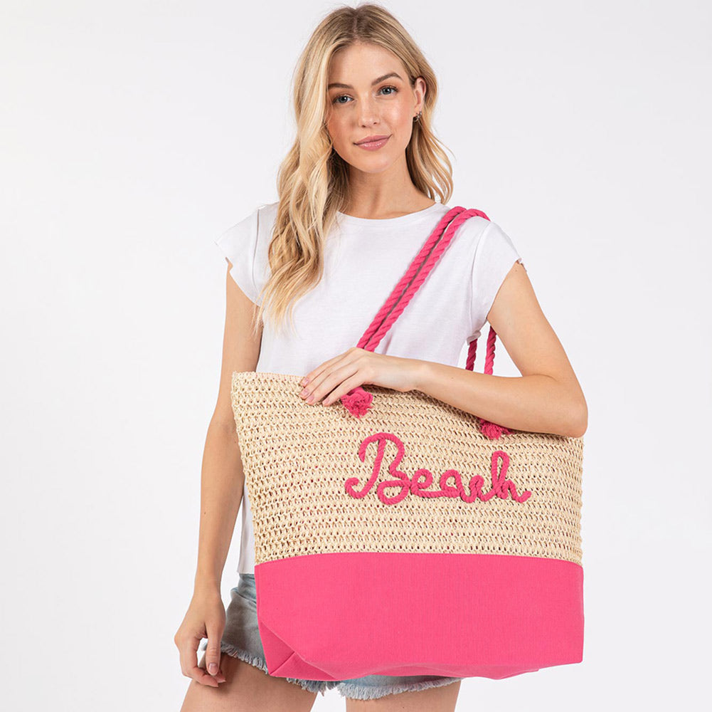 BEACH Message Embroidered Rope Handle Crochet Fabric Tote Beach Bag