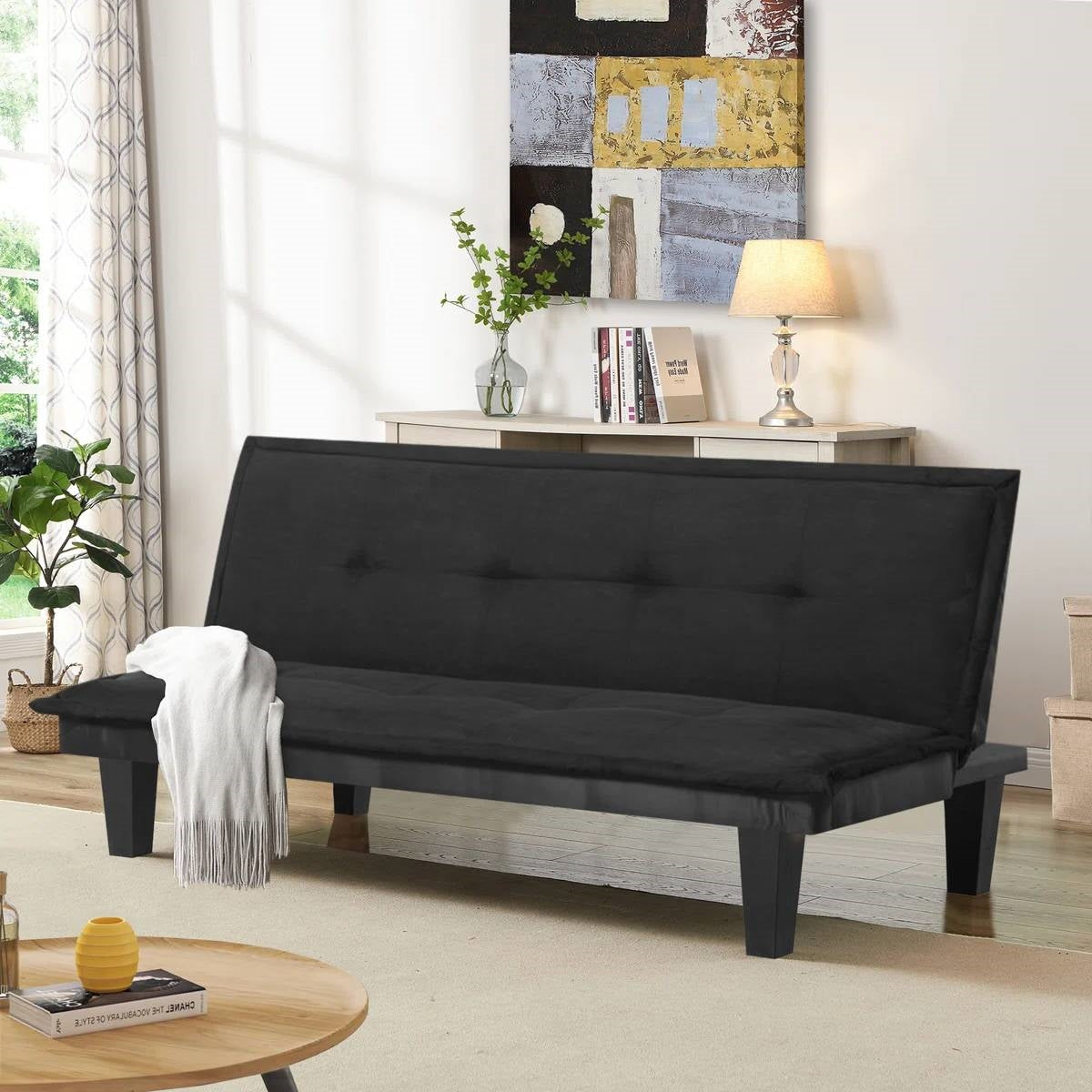 Black Faux Suede Upholstered Futon Sleeper Sofa Bed-0