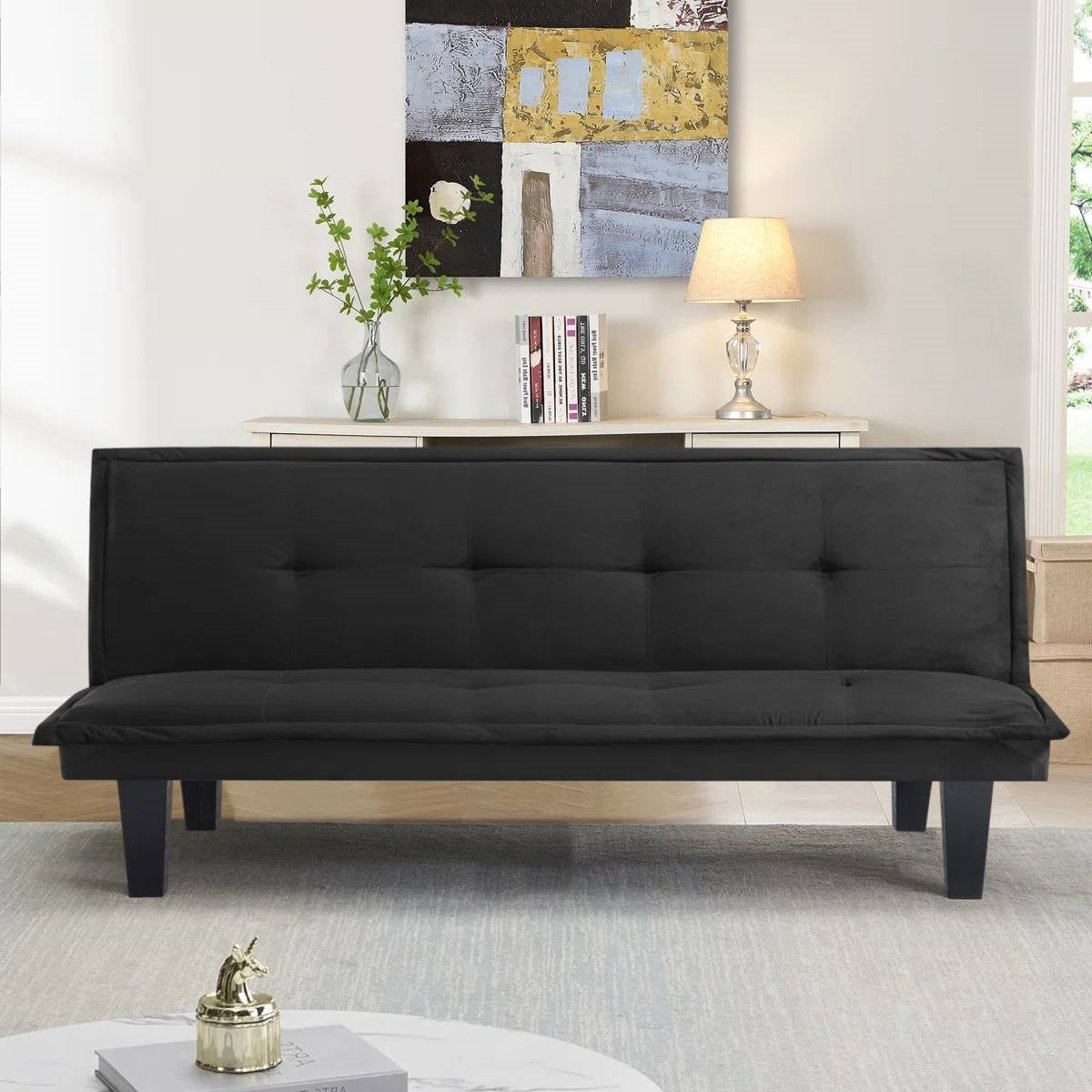 Black Faux Suede Upholstered Futon Sleeper Sofa Bed-1