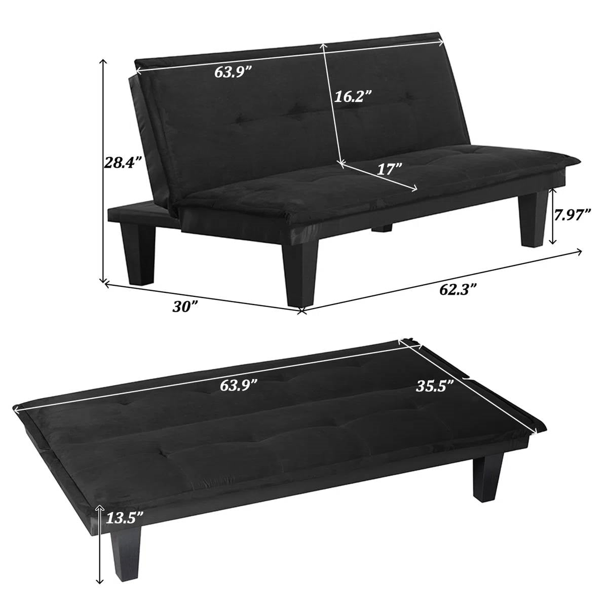 Black Faux Suede Upholstered Futon Sleeper Sofa Bed-4