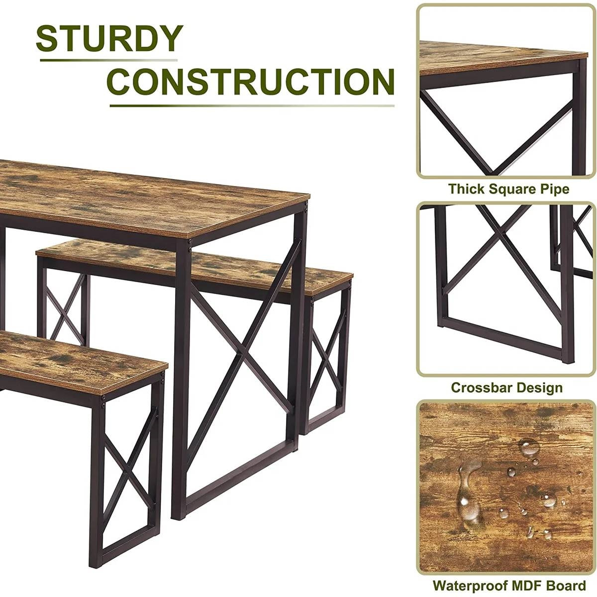 Modern Industrial Wood-Top Kitchen Dining Table Set with 2 Backless Benches-2