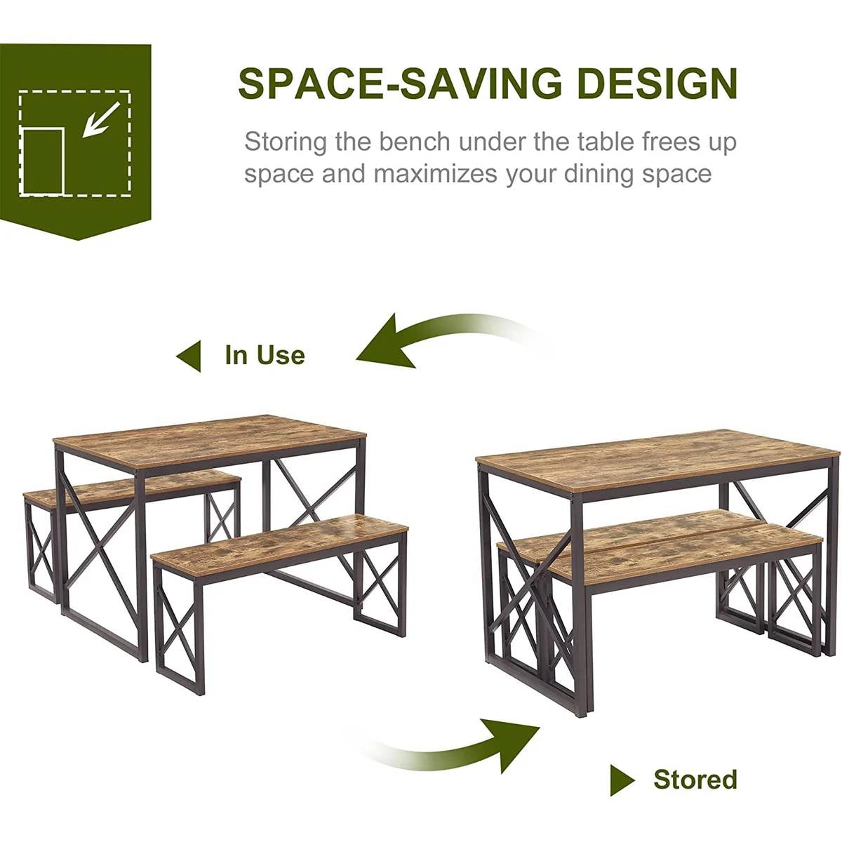 Modern Industrial Wood-Top Kitchen Dining Table Set with 2 Backless Benches-3