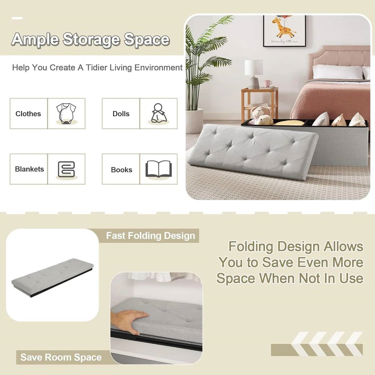 Light Grey Linen Upholstered Bedroom Living Room Entryway Storage Bench Ottoman-2