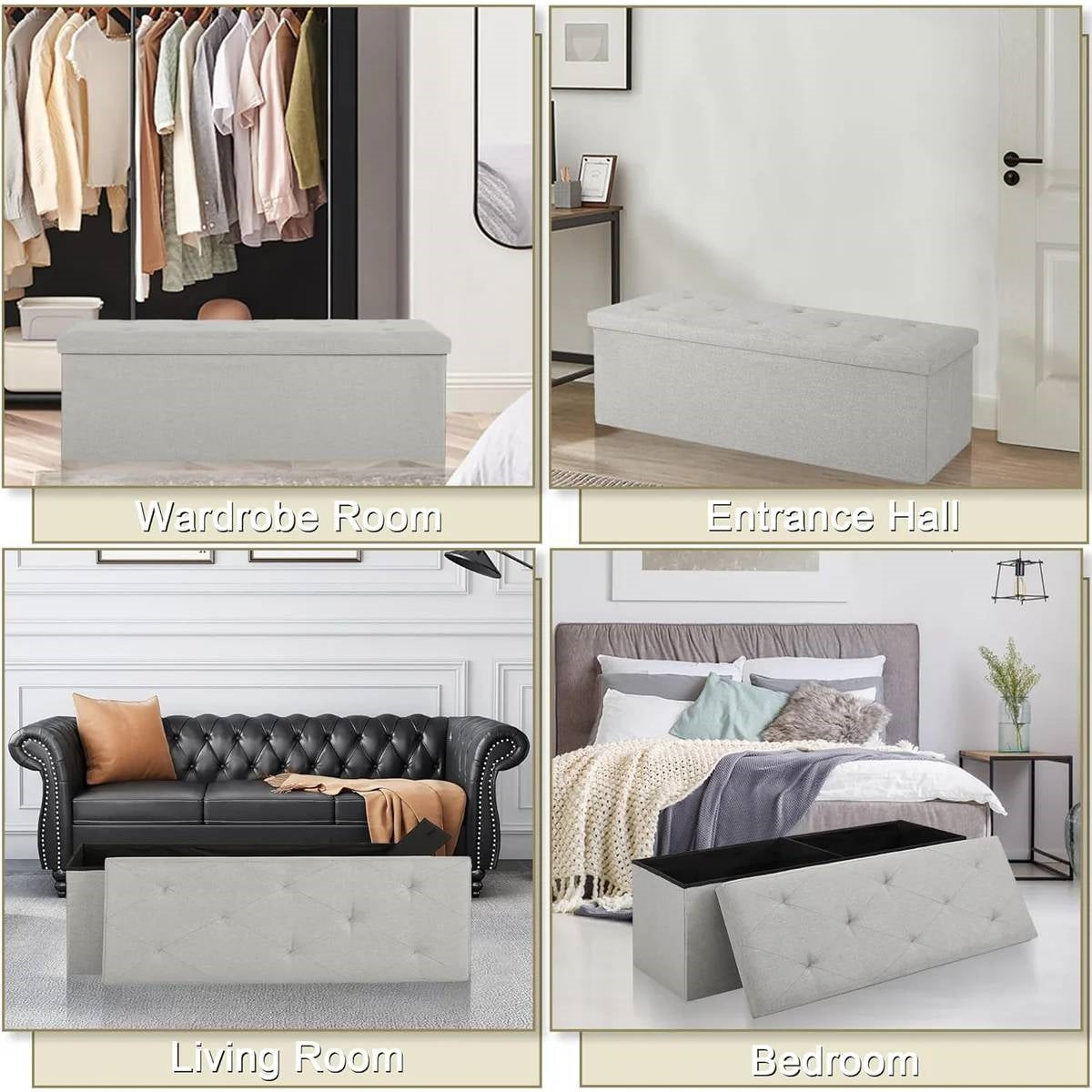Light Grey Linen Upholstered Bedroom Living Room Entryway Storage Bench Ottoman-3