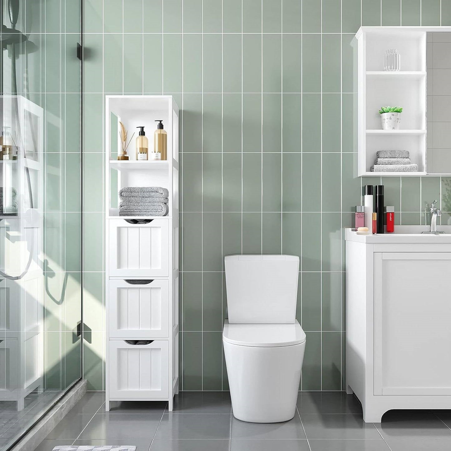 Bathroom Cabinet Tower with 3 Storage Drawers and 2 Shelves in White Wood Finish-2