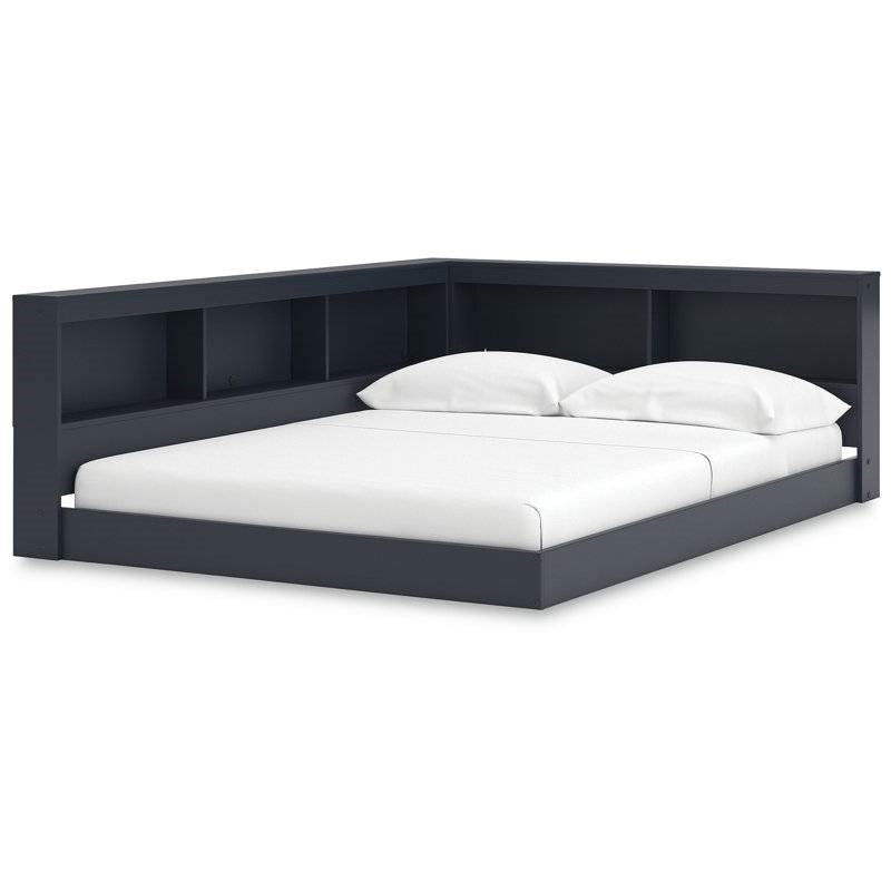Full size Blue Wooden Corner Storage Bed with Bookcase Headboard and USB Ports-0