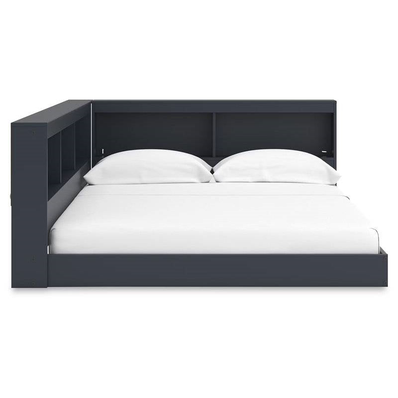 Full size Blue Wooden Corner Storage Bed with Bookcase Headboard and USB Ports-1
