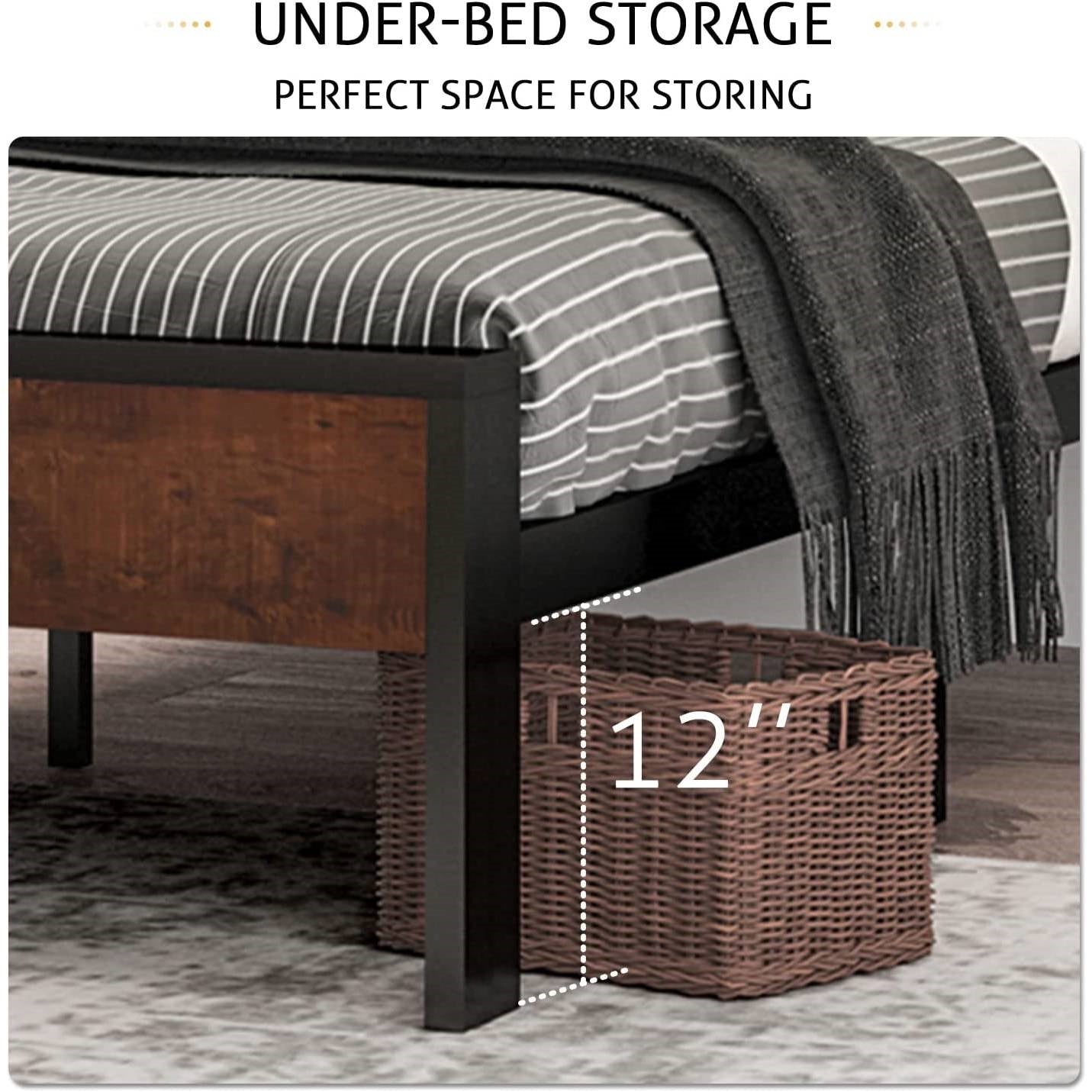 Full Metal Platform Bed Frame with Mahogany Wood Panel Headboard Footboard-3