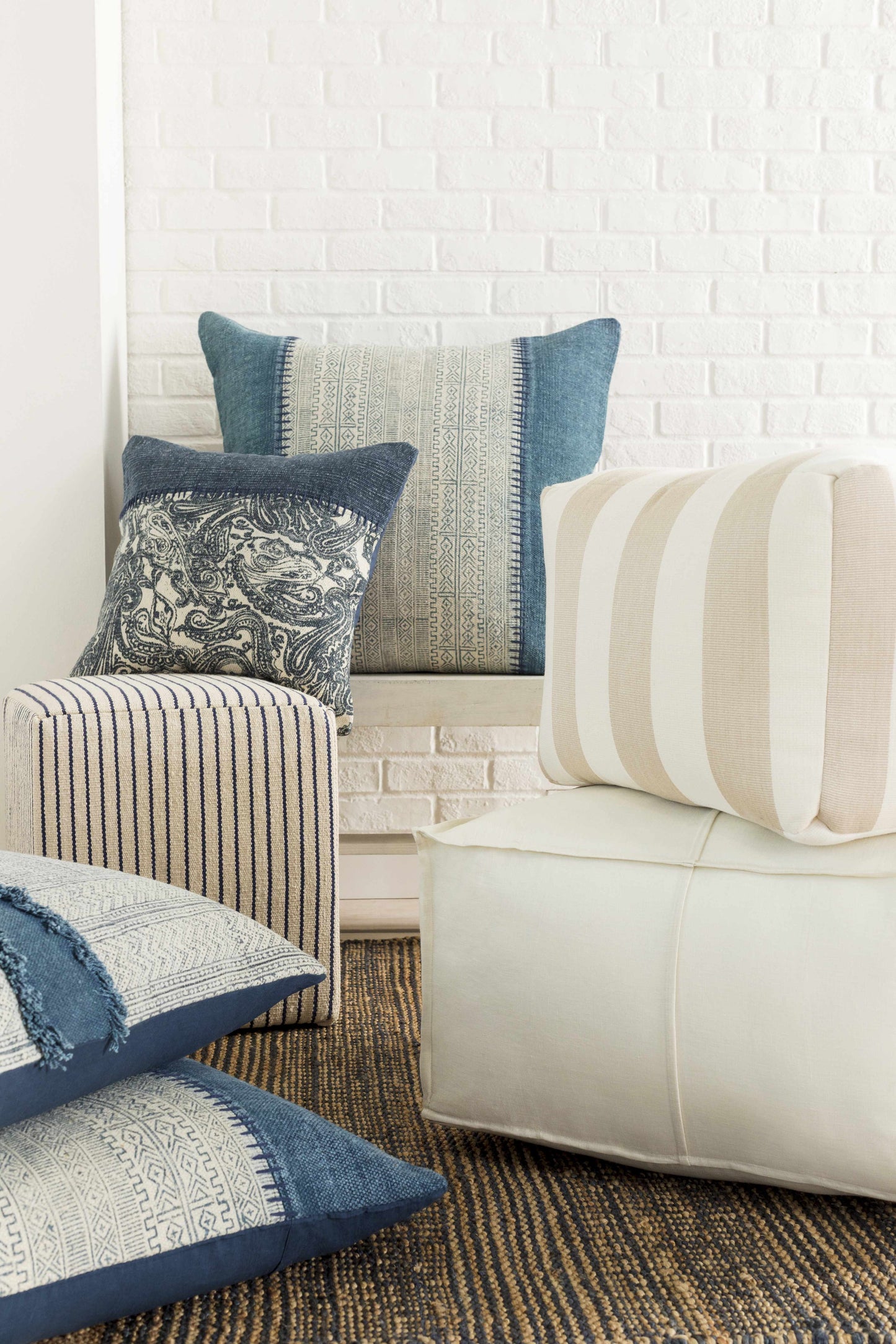 Friendsville Solid & Striped Ivory Pouf-4
