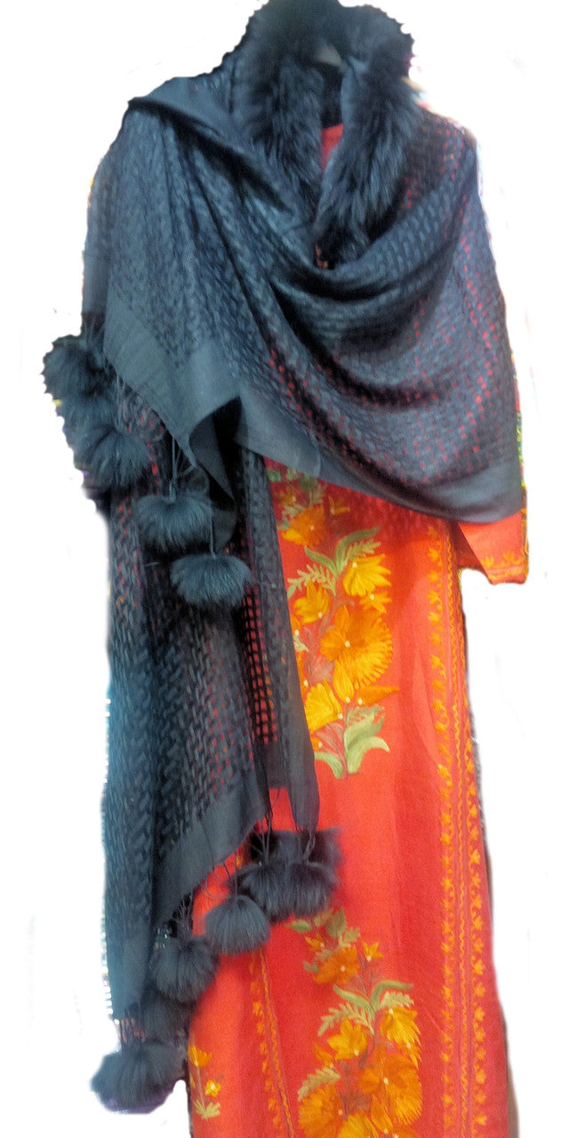 Pashmina from Oman: Furry Collar & Pom Pom Trim- Black-17