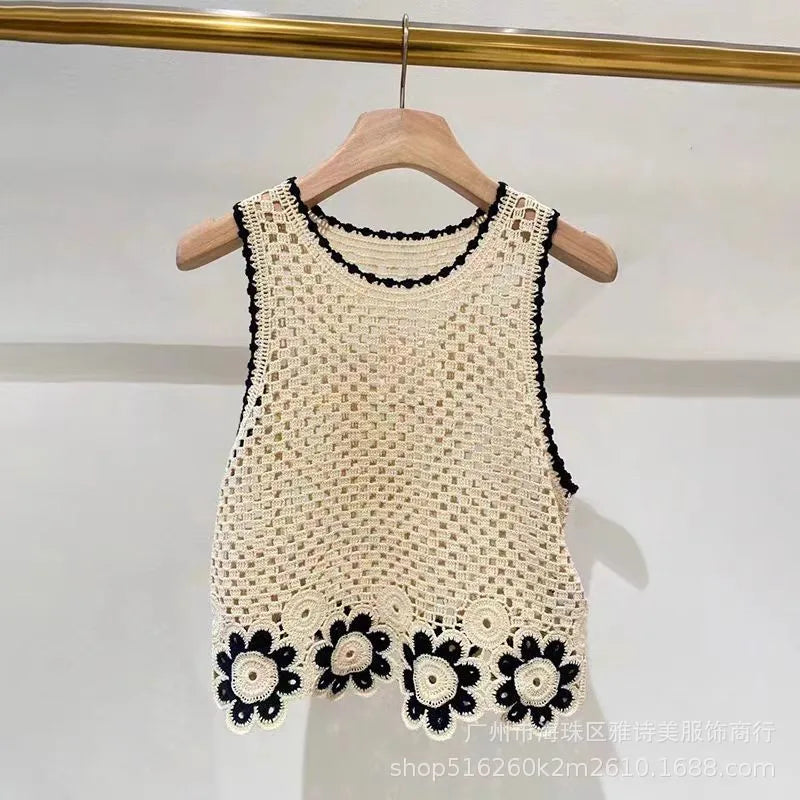 Summer New Fashion French Style Knitted Hollow Out Sleeveless Wide Leg Pants Two Piece Set Women Casual Retro Style Hooked Flower Summer New Fashion French Style Knitted Hollow Out Sleeveless Wide Leg Pants Two Piece Set Women Casual Retro Style Hooked Flower