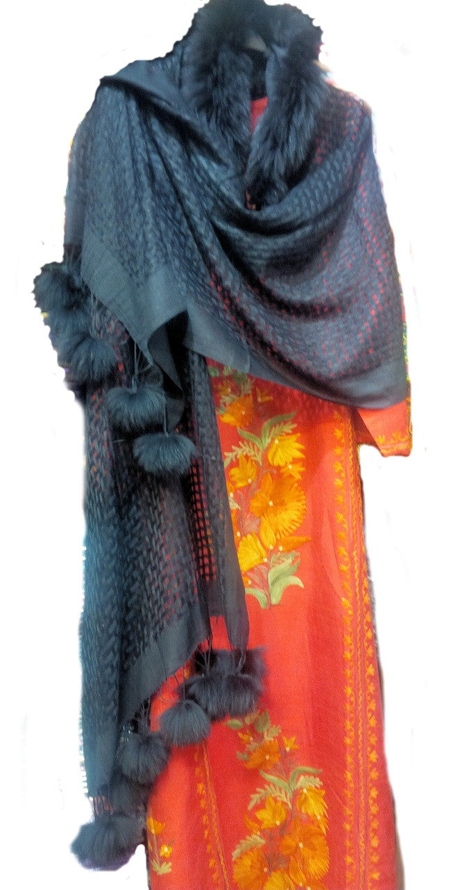 Pashmina from Oman. Furry Trim & Pom Poms- Baby Doll Pink-7