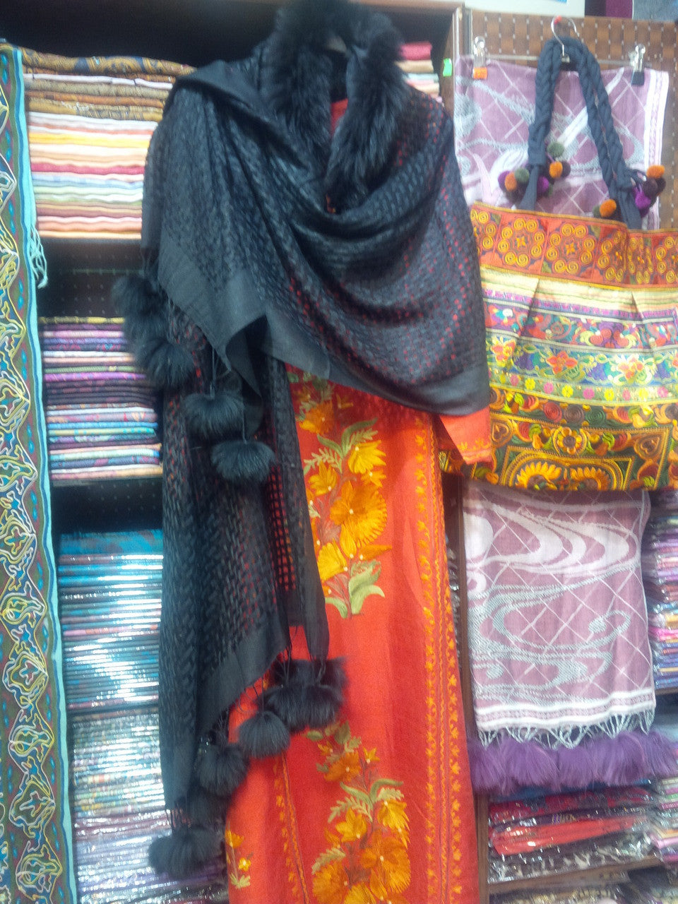Pashmina from Oman. Furry Collar and Pom Pom Trim-Creamy Taupe-9