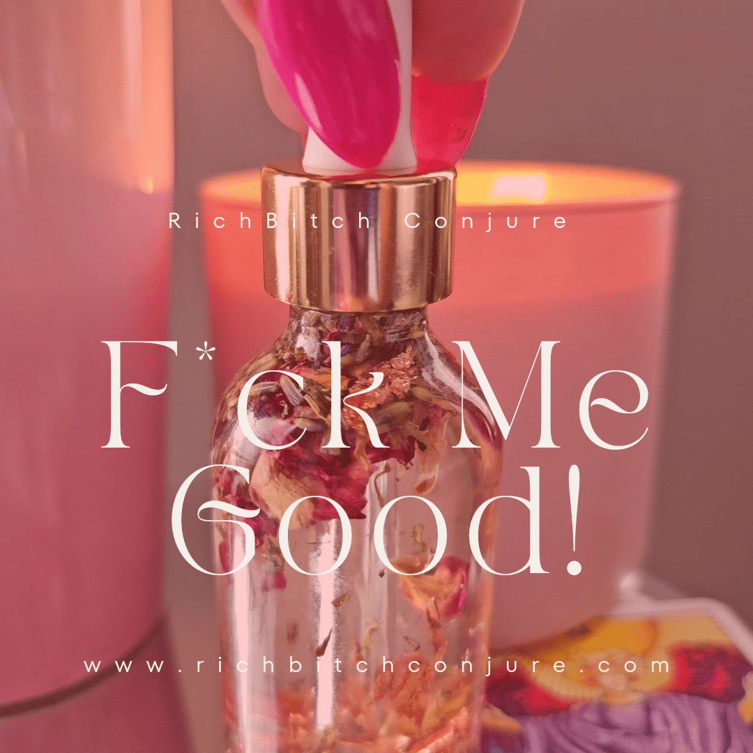 Vibrating toy with text 'F*ck Me Good!' and branding 'RichBitch Conjure' on a blurred background. FMG Hoodoo Conjure Oil | Lust and Passion Oil | Intimate Attraction Ritual Oil | Magnetism and Desire Rootwork Oil | Spiritual Supply