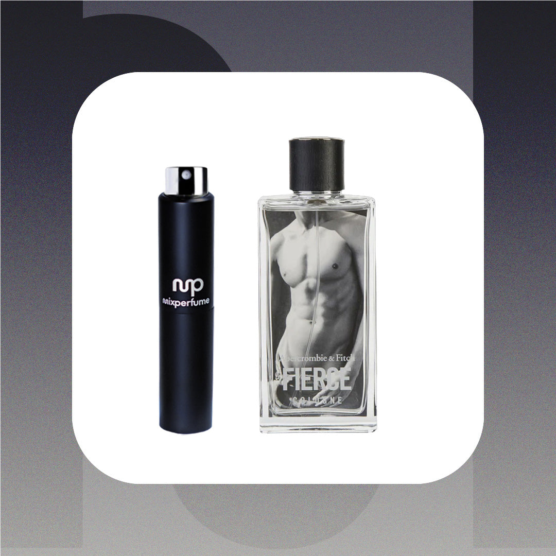 Two perfume bottles, one black and one clear with a black cap, on a gradient gray background.