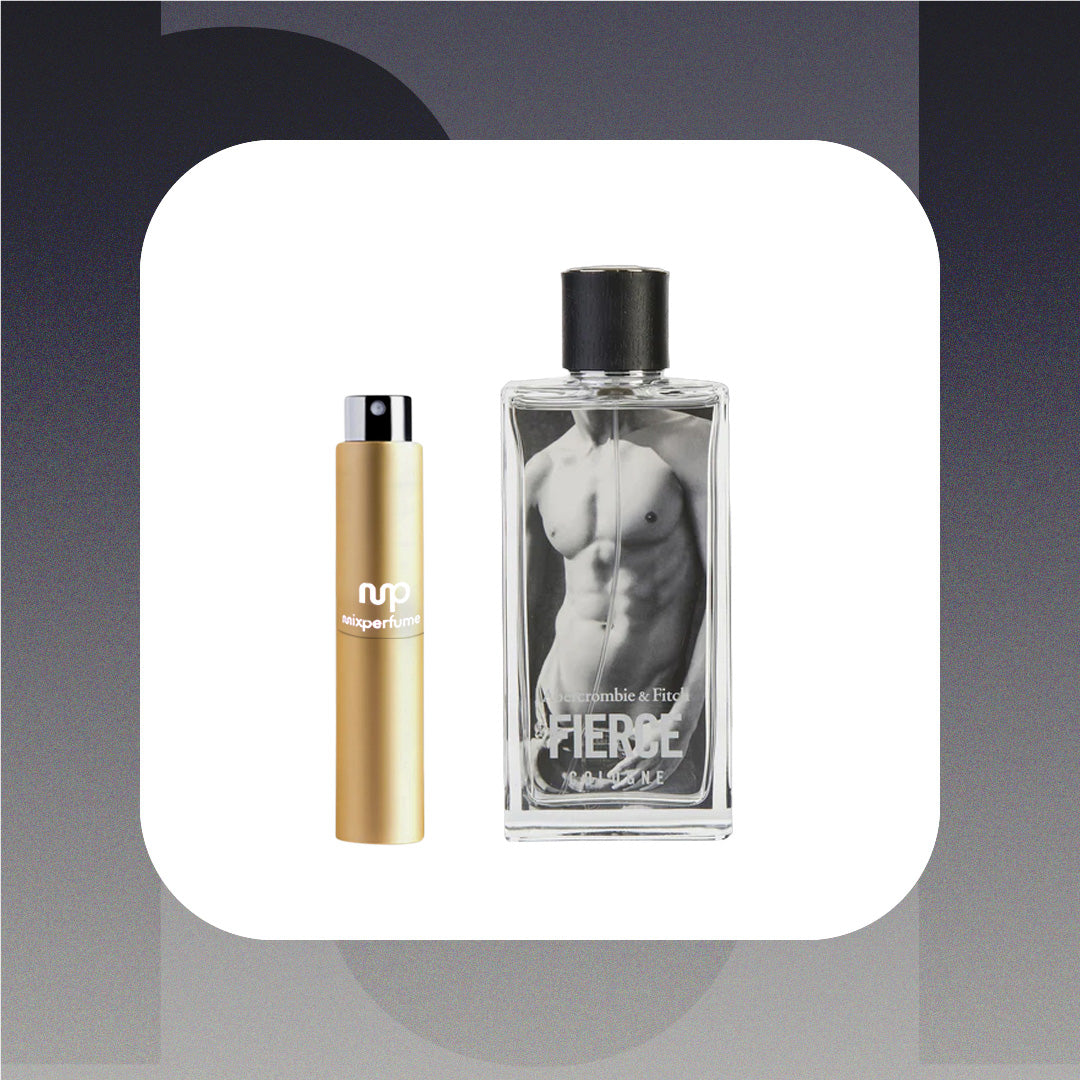Two perfume bottles, one gold and one clear with black cap, on a gradient gray background.