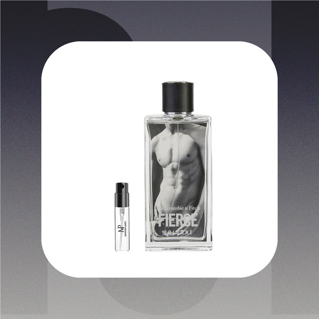 Perfume bottle with a black cap and clear body featuring a man's torso, on a gradient gray background.