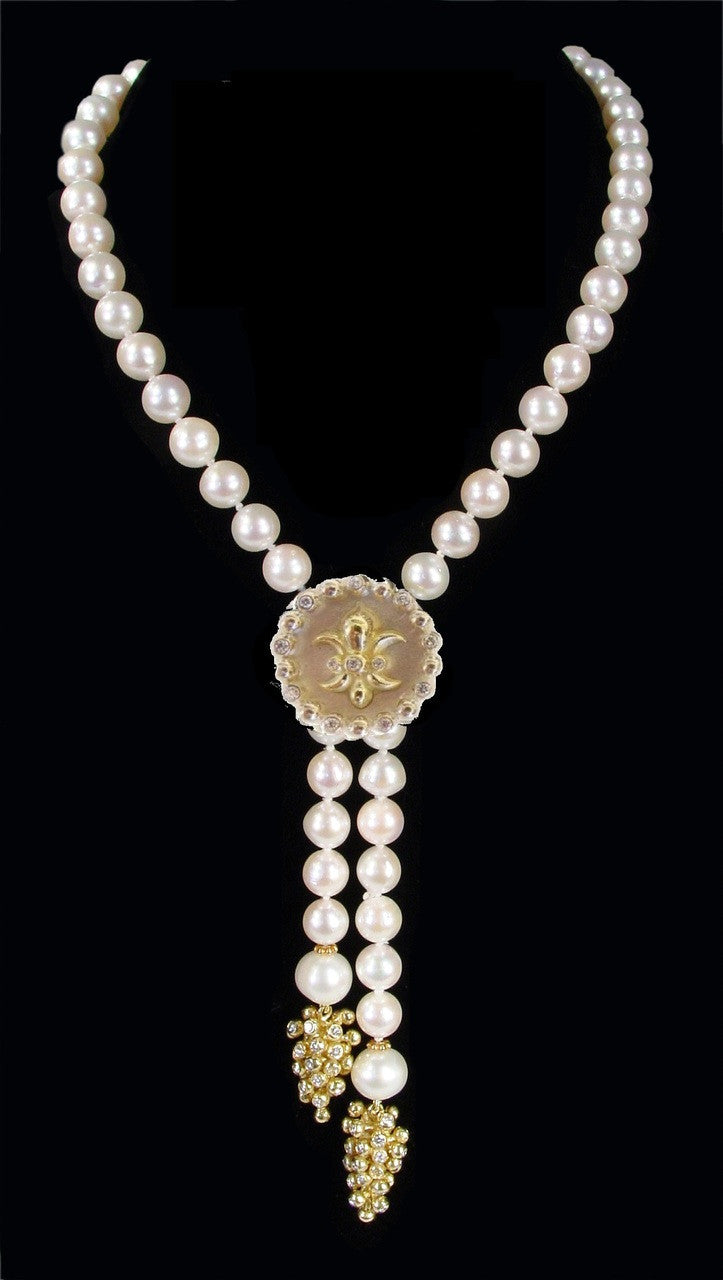 Fleur De Lis Pendant Necklace or Pearl Enhancer-Silver-18K Gold-Half Filled with Diamonds.-16