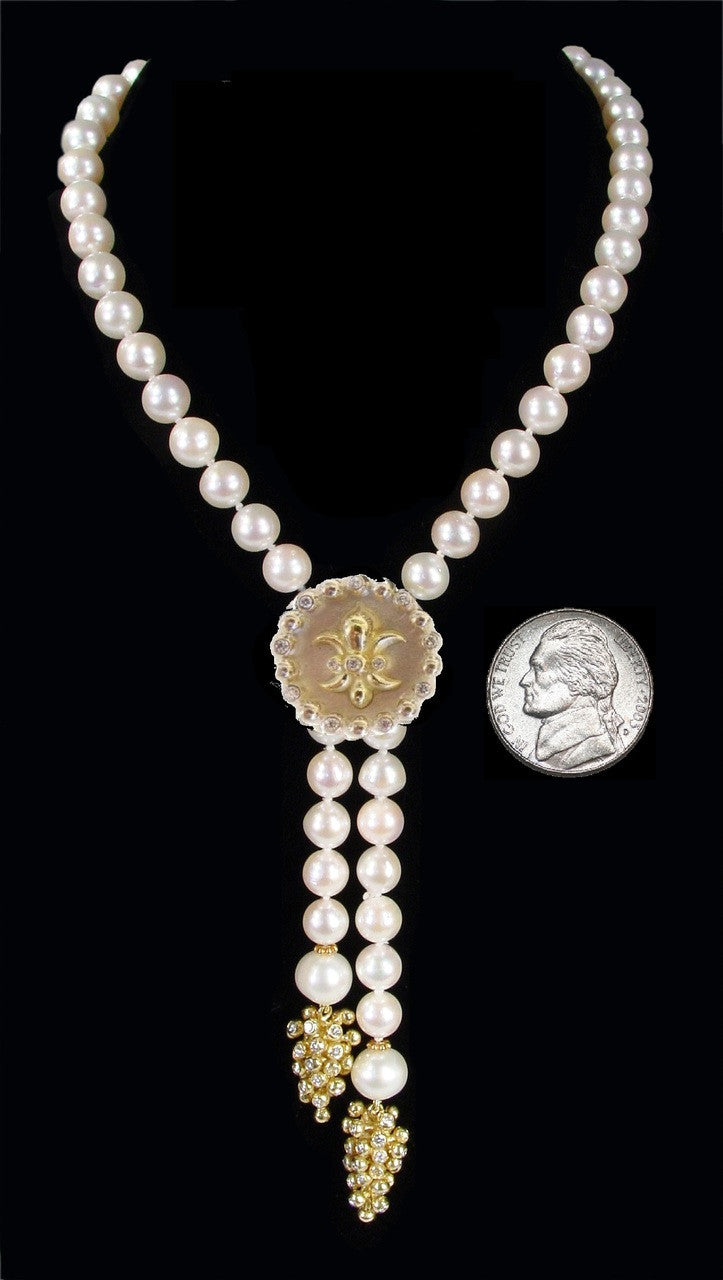 Fleur De Lis Pendant Necklace or Pearl Enhancer-Silver-18K Gold-Half Filled with Diamonds.-13