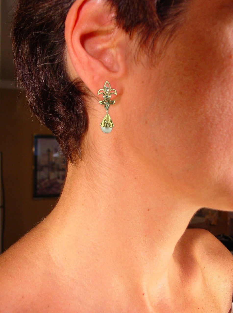 Fleur De Lis Earrings-14K Gold with Diamonds-19
