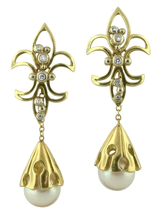 Fleur De Lis Earrings-14K Gold with Diamonds-28