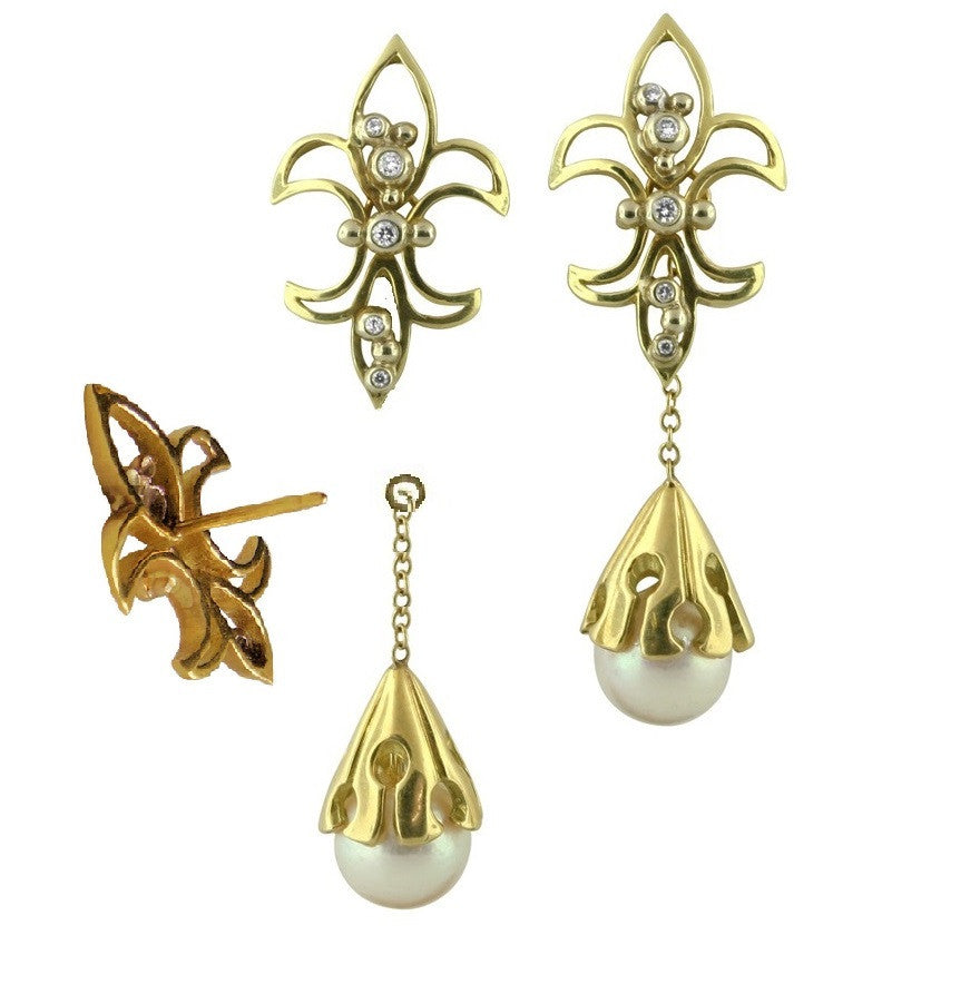 Fleur De Lis Earrings-14K Gold with Diamonds-16