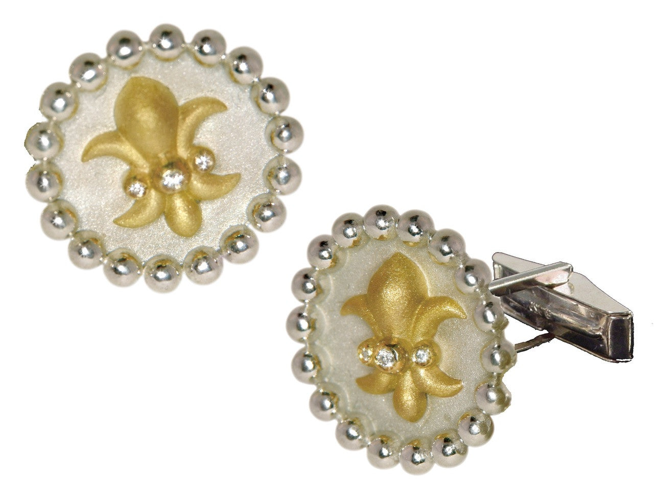 Fleur De Lis Pendant Necklace or Pearl Enhancer-Silver-18K Gold-Half Filled with Diamonds.-19