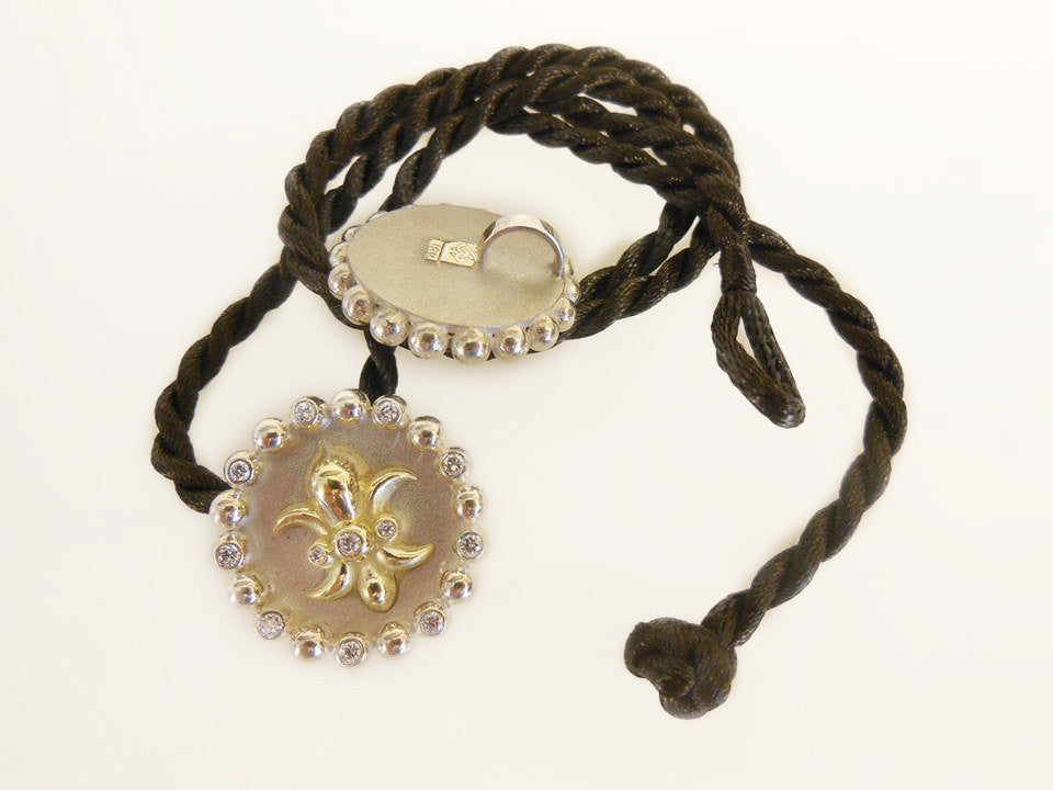 Fleur De Lis Pendant Necklace or Pearl Enhancer-Silver-18K Gold-Half Filled with Diamonds.-10