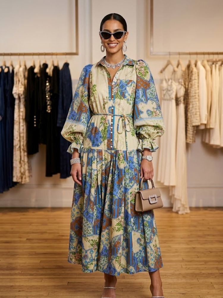 Floral Patchwork Puff Sleeve Maxi Dress HUDSON New Collection FASHION BYMANYC ® New York-0