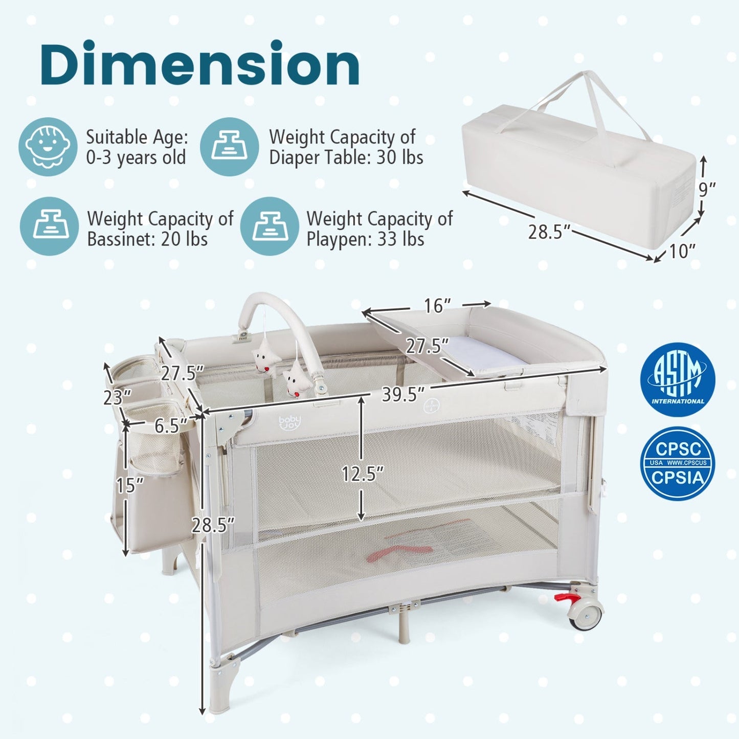 Foldable Baby Bassinet with 4 Adjustable Heights Changing Table and Mattress